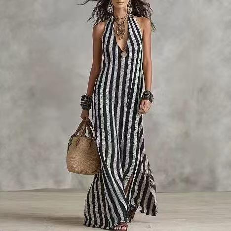 European and American women's clothing striped neck sleeveless temperament dress summer loose deep V-neck vacation beach dress