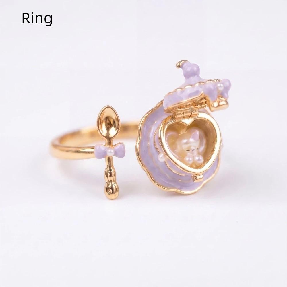 Metal Chain Teaspoon Pendant Necklace 18K Gold Plated Opening and Closing Lid Heart Enamel Necklace Copper Cup Enamel Ring