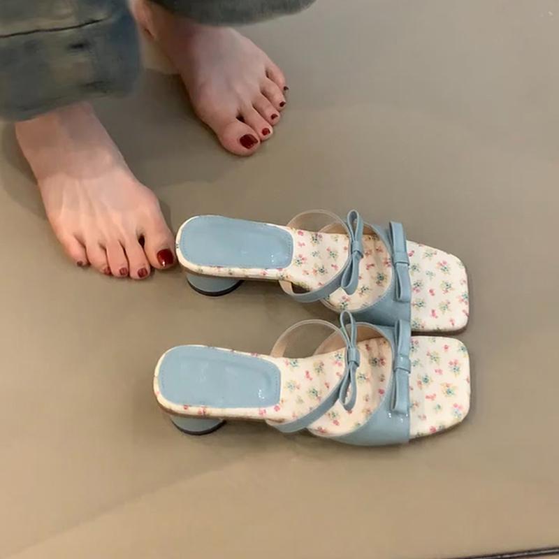 Sommer Damen Sandalen mit eckiger Zehenpartie, niedrigen Absätzen, schlichten Schleifen-Slippern, Party, Hochzeit, Bonbonfarben, Damenschuhe