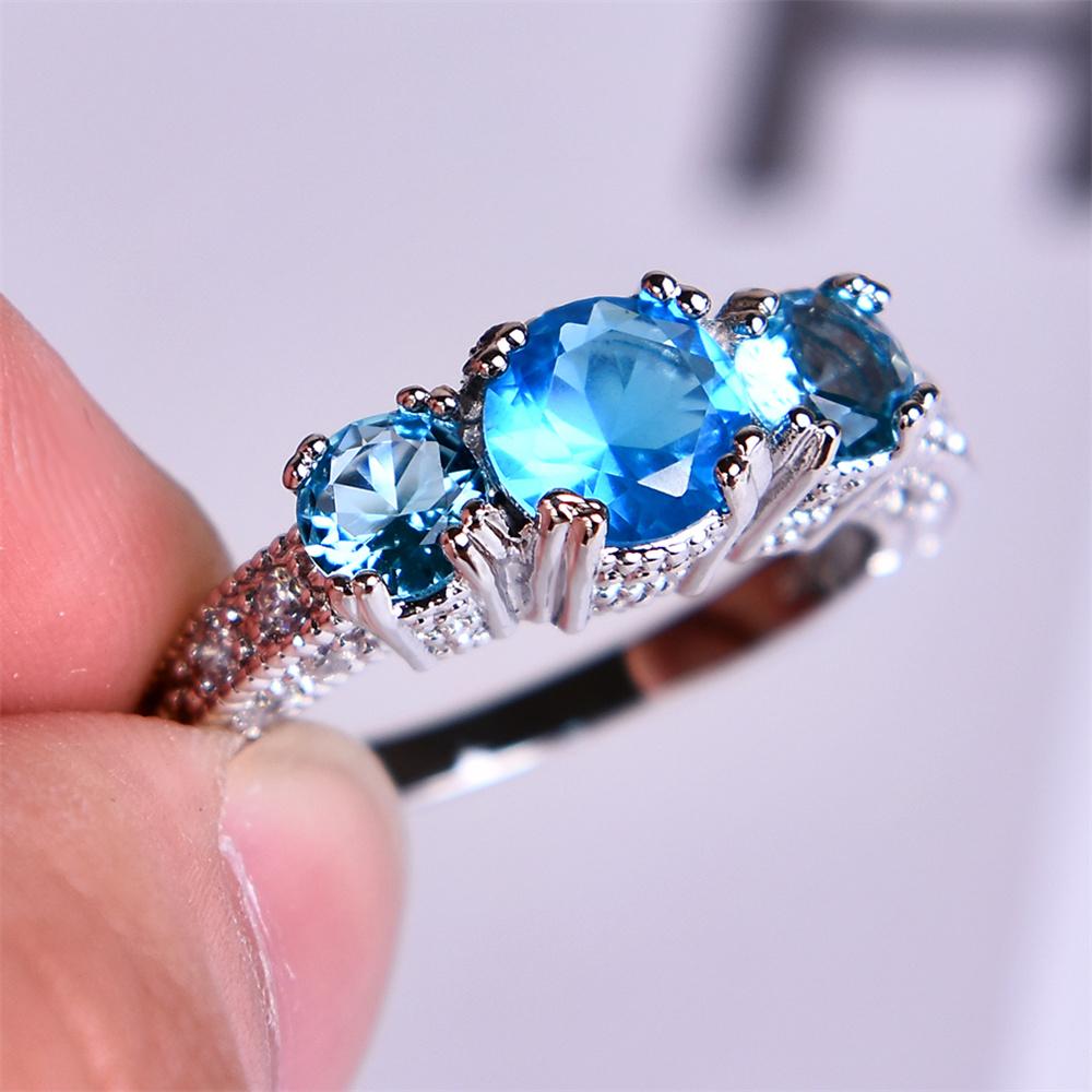 Aqua Blue Crystal Round Stone Engagement Rings For Women Classic Silver Color Wedding Band Jewelry Accessory Girls Birthday Gift