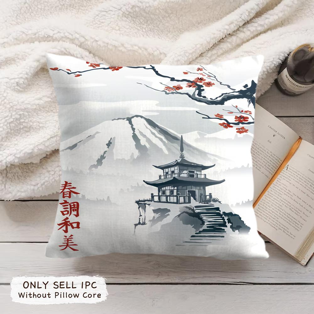 Japanese Pagoda Landscape Cushion Cover Soft Short Plush Pillow Cover Smooth Cozy Texture Aesthetic Cushion Case Home Decor