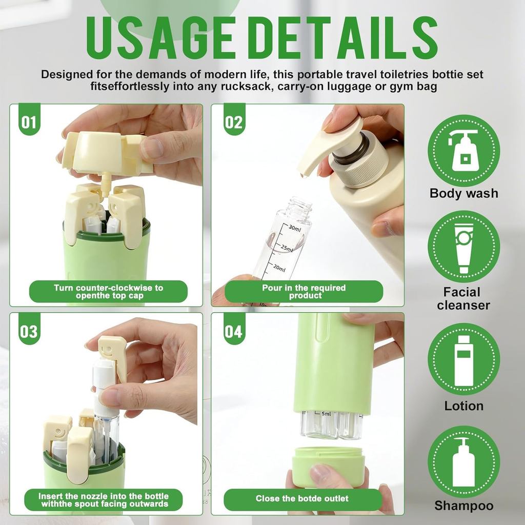 4 In 1 Travel Refillable Bottles Portable Toiletries and Cosmetics Containers for Shampoo Body Wash Travel Storage Bottles