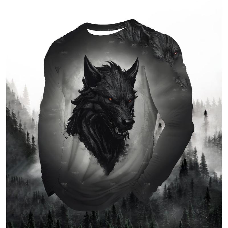 2024 Men's Fashion Print Round Neck Long Sleeve Party Autumn Sports Casual Pullover Men 3d Lonely Wolf Blue Print Tops