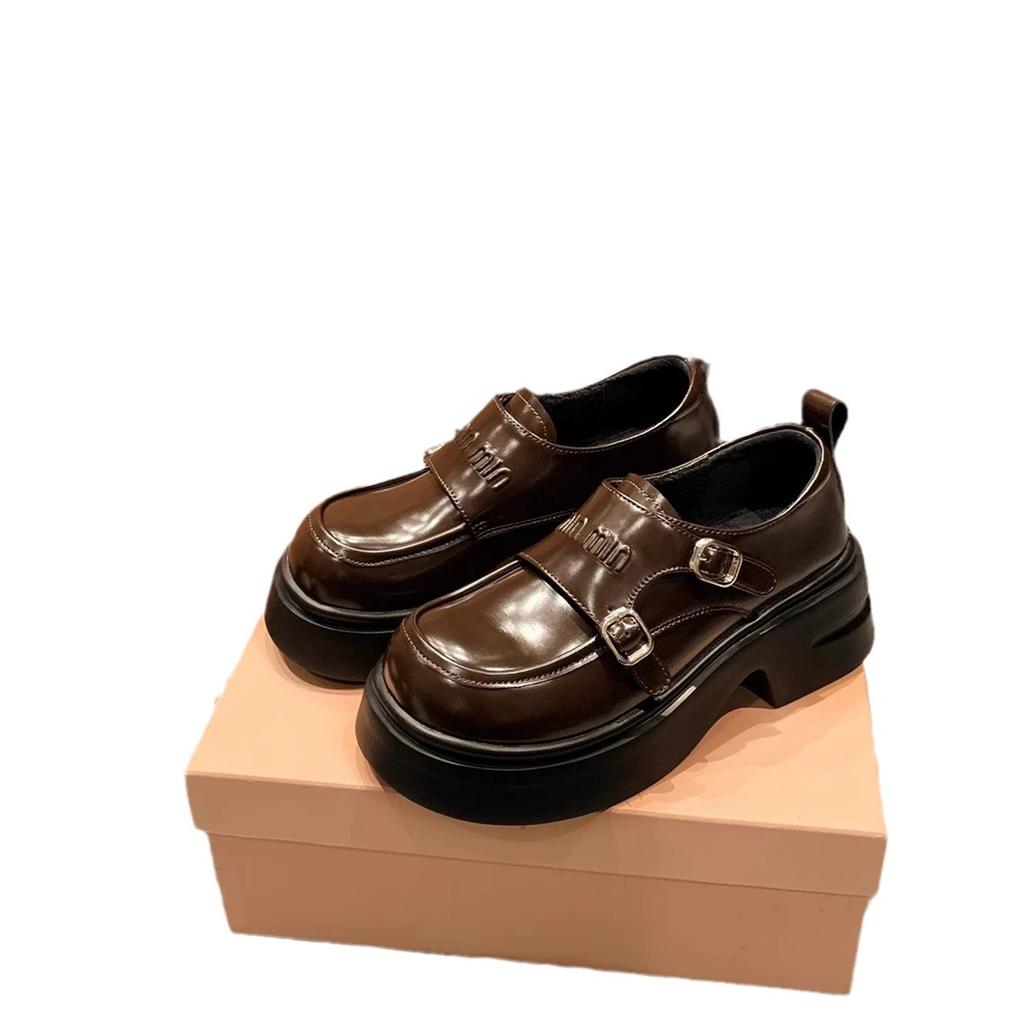 Genuine Leather Amiu's Double Buckle with Round Head British Style JK Small Leather Shoes Platform Thick Heel Loafers Women's Single Shoes Women