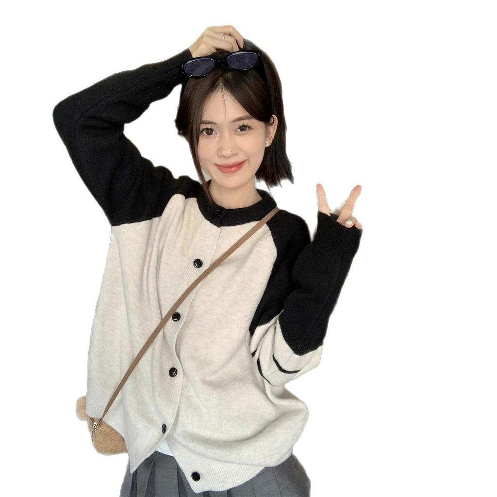 College style long-sleeved contrasting color splicing knitted sweater women's clothing autumn loose age-reducing cardigan versatile jacket