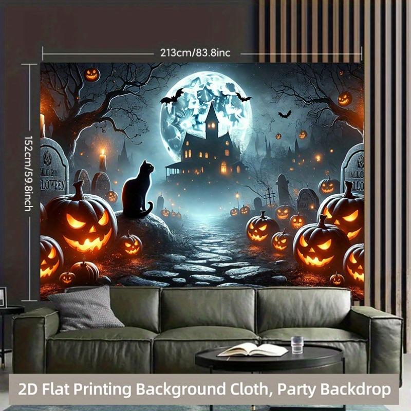 1 Piece of 2D Background Fabric, with Pumpkins and Cats On a Cemetery At Halloween Nightzyc