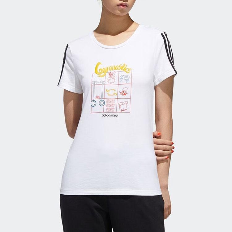 Adidas Neo Three Stripes Color Block Pattern Print Round Neck Short Sleeve T-Shirt Women Tops White GK1568