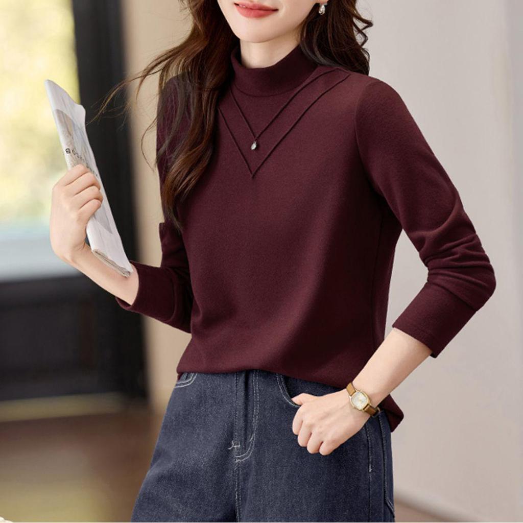 2025 Women's Velvet Half-High Neck Long-Sleeve Slimming Base Layer Top for Autumn/Winter