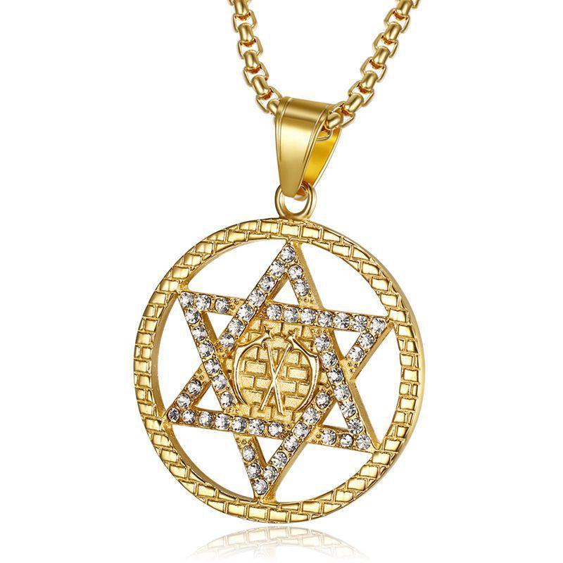 European and American Hip Hop Jewelry with Diamond Studded Davids Hexagram Pendant Necklace