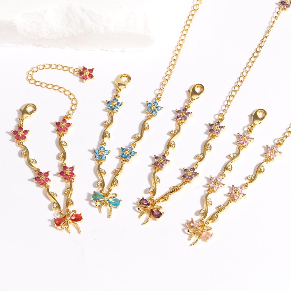 18K Real Gold Plated Brass Multi-Color Leaf CZ Trendy Tennis Bracelet Set Wavy Chain Bracelets with Assorted Gemstones