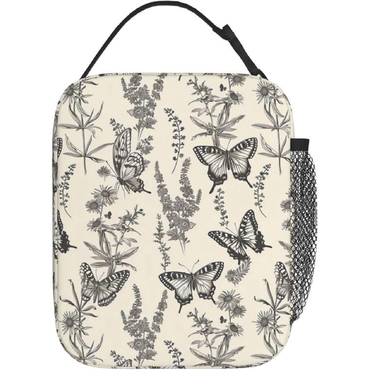 Reusable Butterfly Lunch Box for Kids Girls Boys Women Adult, Insulated Botanical Lunch Bag,Polyester Cooler Retro Handbags Case for School Picnic