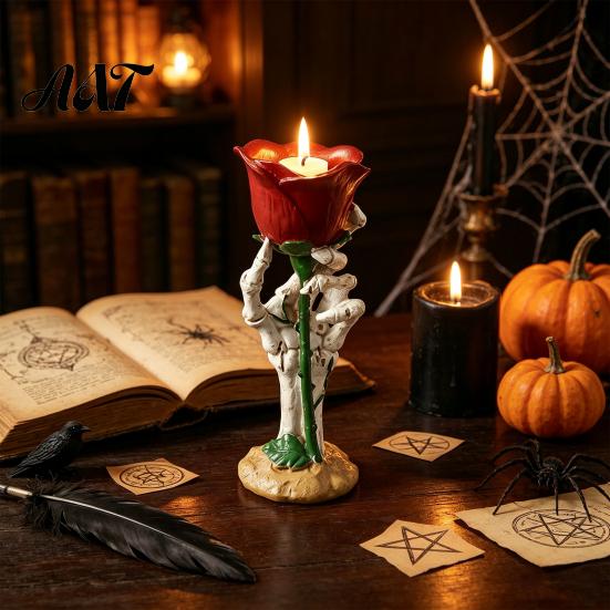 Halloween Table Ornaments Skeleton Hand Rose Candle Holder, Gothic Resin Decorative Ornament Atmospheric Trough for Home Decor, Dark Style Romantic