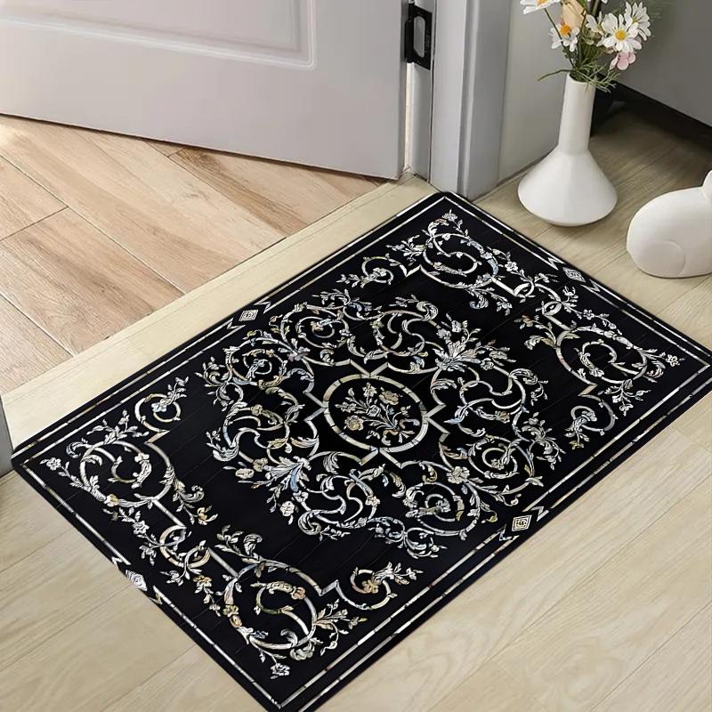 

Black Gold Floral Doormat Non Slip Entryway Rug Vintage Baroque Floor Mat for Home Entrance Indoor Outdoor Use Easy Clean 40x60cm