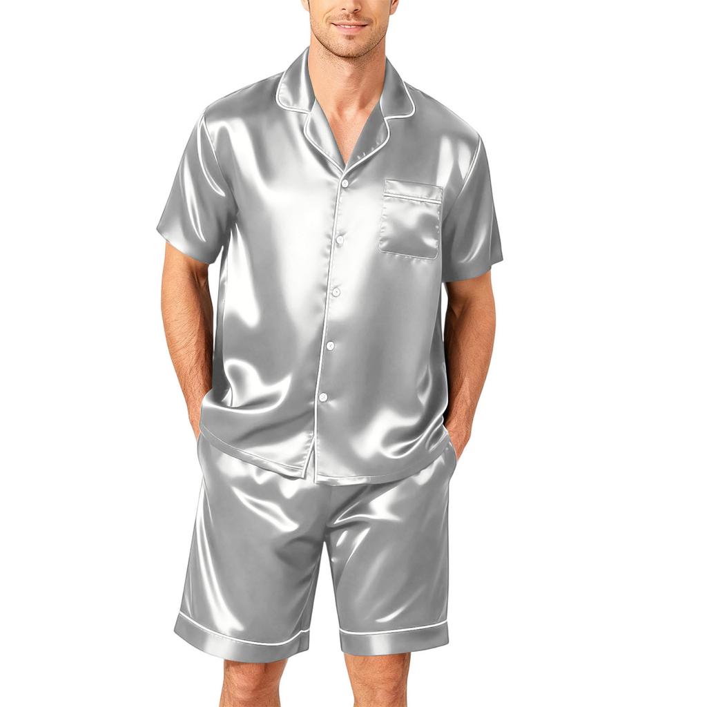 Men's Short Sleeve Button Down Pajama Set with Sleep Shorts Soft Casual Two-Piece Nightwear for Home Size S-4XL