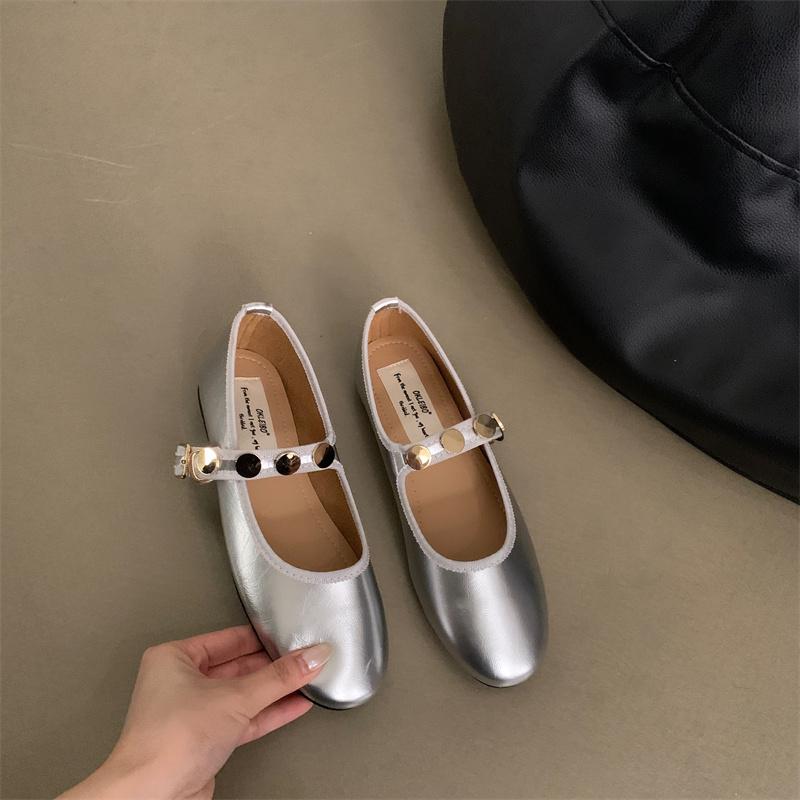 IPPEUM Ballet Flats Women Purple Satin Round Toe Mary Jane Shoes Buckle Silver Ballerina Flats
