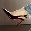 New Red Background, Black Patent Leather Pointed Tip Thin Heel Royal Sister Sexy High Heels Femininity Bag Head Sandals