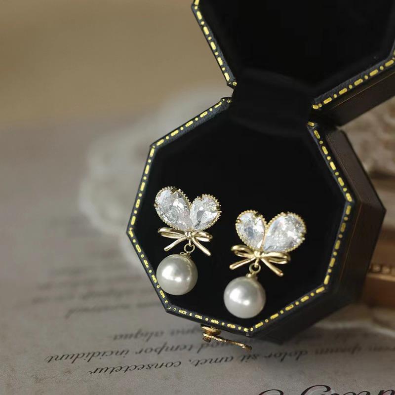 Sterling Silver Heart Stud Earrings with Zircon, Bow, and Pearl Tassels - Elegant Jewelry for Women