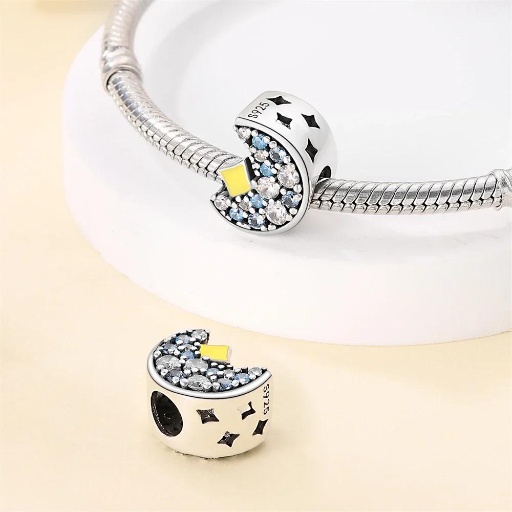Authentischer Kupfer-Charm Mond Gelbe Sterne Blaue Zirkone Federn Perlen-Charms Kompatibel mit Armbändern Damen DIY-Accessoire Valentinstag Feines Geschenk