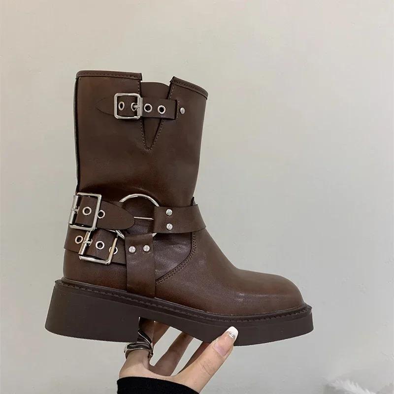 Winter Platform Cowboy Boots Women Shoes Slip On Mid Heel Bota Ladies Retro Mordern Bootties