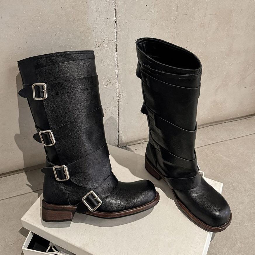 2025 new big tube circumference western cowboy boots women's belt buckle but knee middle tube knight boots slim fat boots