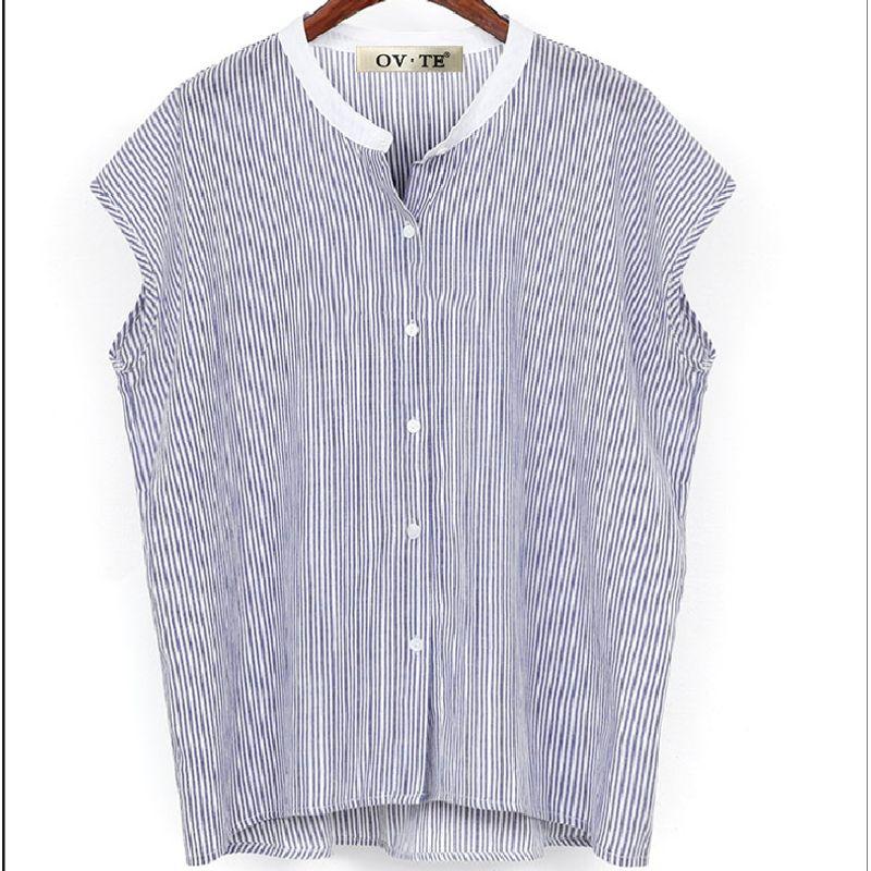European and American plus Size Women's Clothes Summer Stand Collar Stripes Single-Breasted Loose Chubby Girl Sleeveless Shirt Shirt Tops Tide