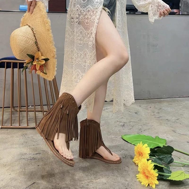 

Rivet Herringbone Clip Sandals Women 2024 Summer Open Toe Side Zip Flat Roman Sandal Boots Casual Western Botas Womens Shoes 35 коричневий