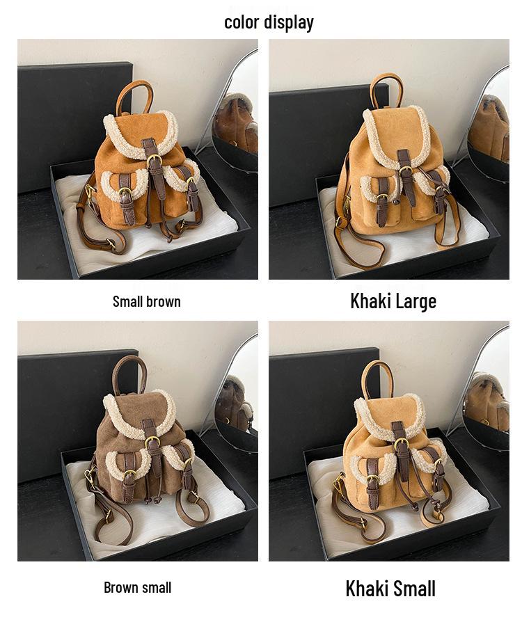 2025 Autumn/Winter Women's Retro Lambswool Color Block Handbag Backpack