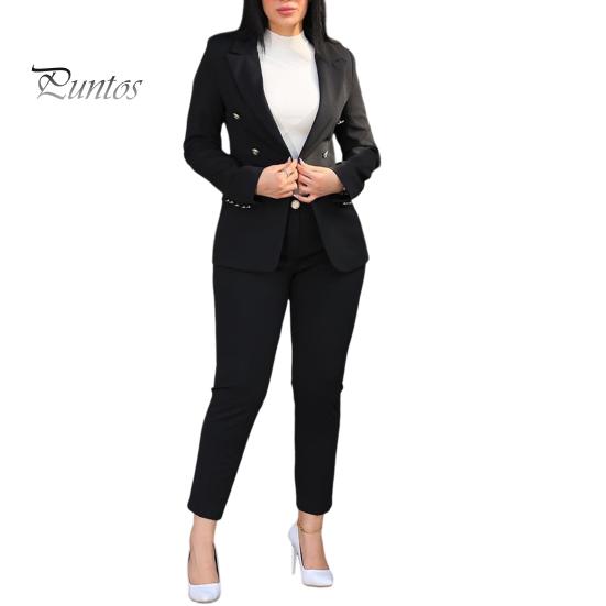 

2 шт./комплект женский деловой пиджак брюки комплект отложной воротник двубортный пиджак с длинными рукавами облегающий однотонные брюки повседневная одежда для поездок на работу 2XL чёрный