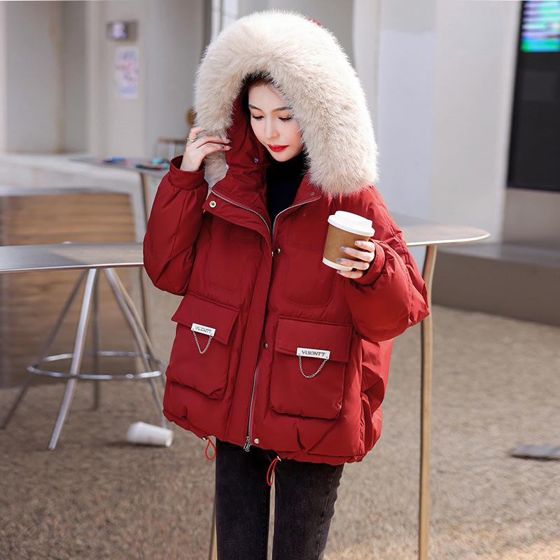 Damen Winterjacke Daunen Baumwollmantel Kapuzenparkas Große Größe Pelzkragen Gepolsterte Mäntel Kurze Oberbekleidung