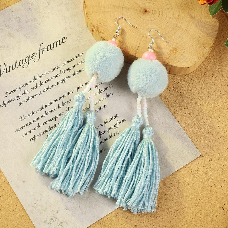 Bohemian retro pom-pom fringed earrings women's vacation long temperament niche personality earrings