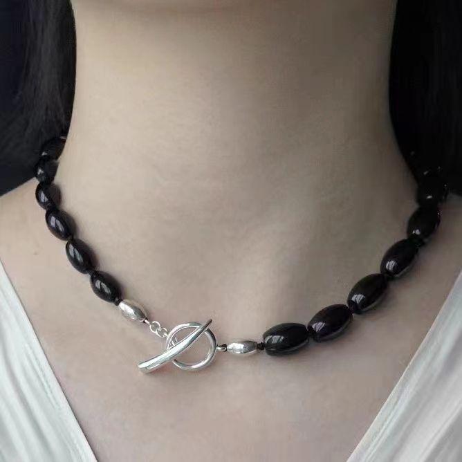 

Женское ожерелье из стерлингового серебра с бусинами из черного агата и застежкой OT