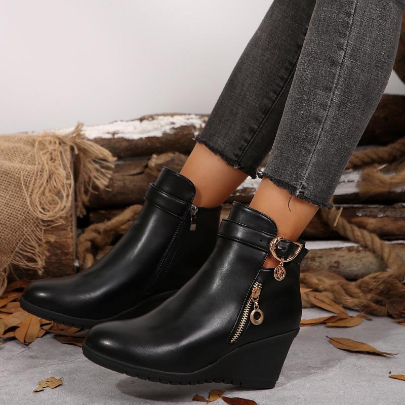 Fashion Winter Fashion Side Zip Short Barrel Women's Boots Round Toe Black Botas Classics Wedges Chuny Heels Ankle Boots Anti-Skip Shoes