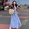 [Welcome sign] blue plaid bandeau camisole dress women's summer French feel waist slimming skirt