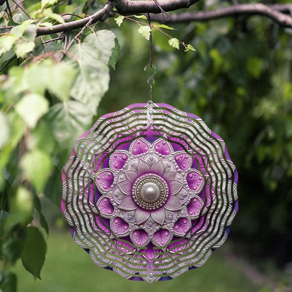 1pc 2D Pink Purple Mandala Wind Chime - Intricate Metal Hanging Spinner for Garden and Patio Decor, Outdoor Ornament with Floral Patterns