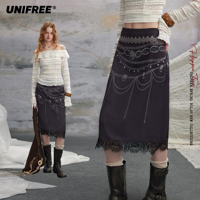 UNIFREE Dark Punk Chain Print Lace A-line Midi Skirt L