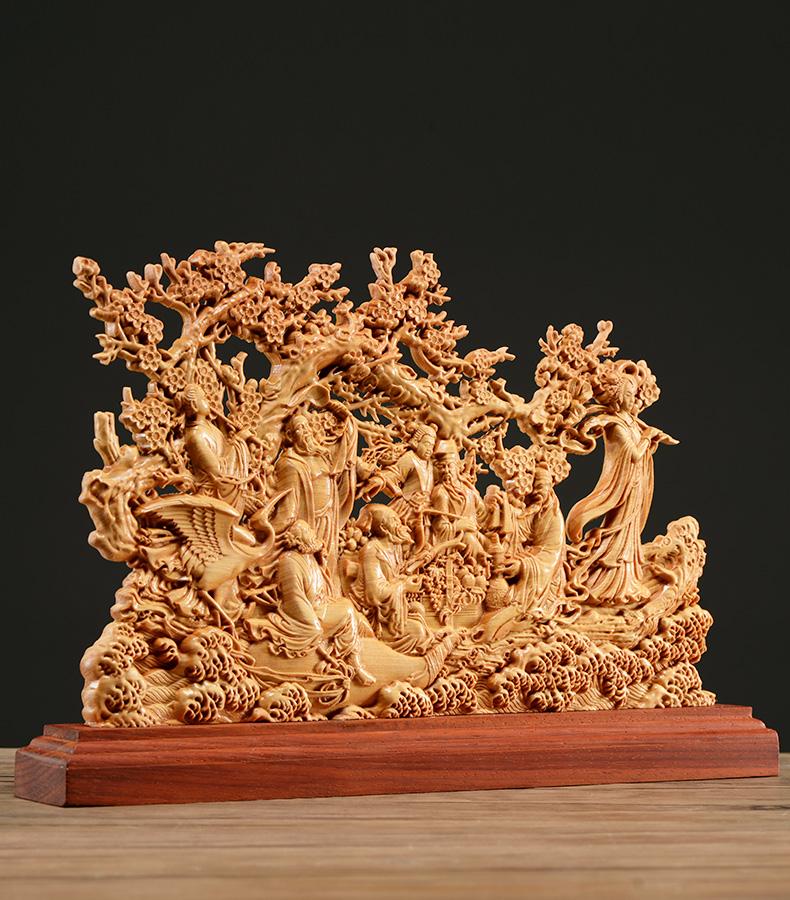 Thuja Wood  Carving Eight Immortals Sculpture Decor Dish Wood God of Wealth Lucky Gift Home Decor