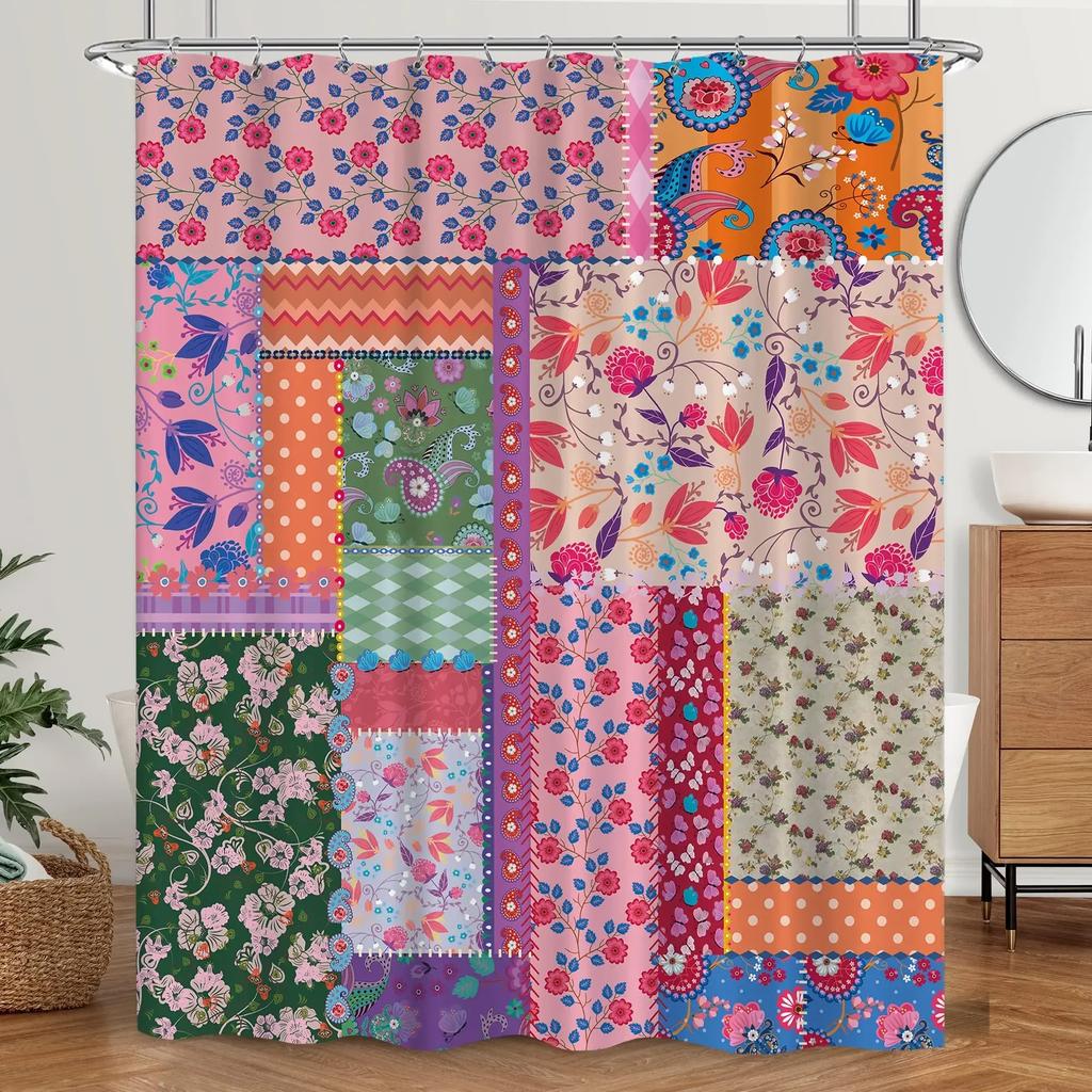 Bohemian Patchwork Print Shower Curtains for Bathroom Colorful Floral Vintage Shower Curtain Bathtubs Waterproof Fabric Screen