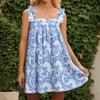 Women's Flower Tie Dress Cute Square Neck Loose Beach Short Dress Open Back Bohemian Summer Sundress