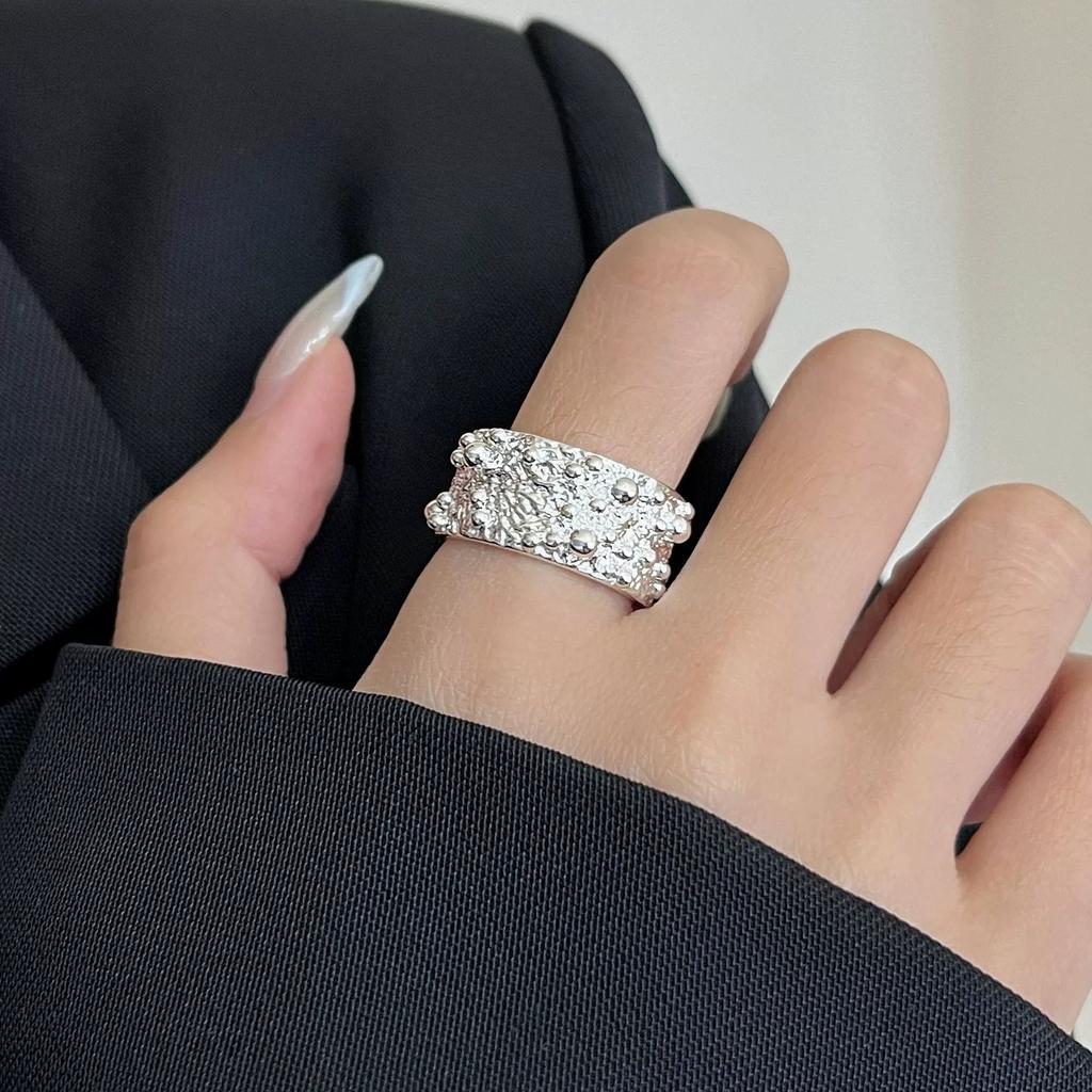 PANJBJ 925 Silver Frosting Geometry Ring for Women Wide Texture Versatile Handmade Ins Jewelry Gift