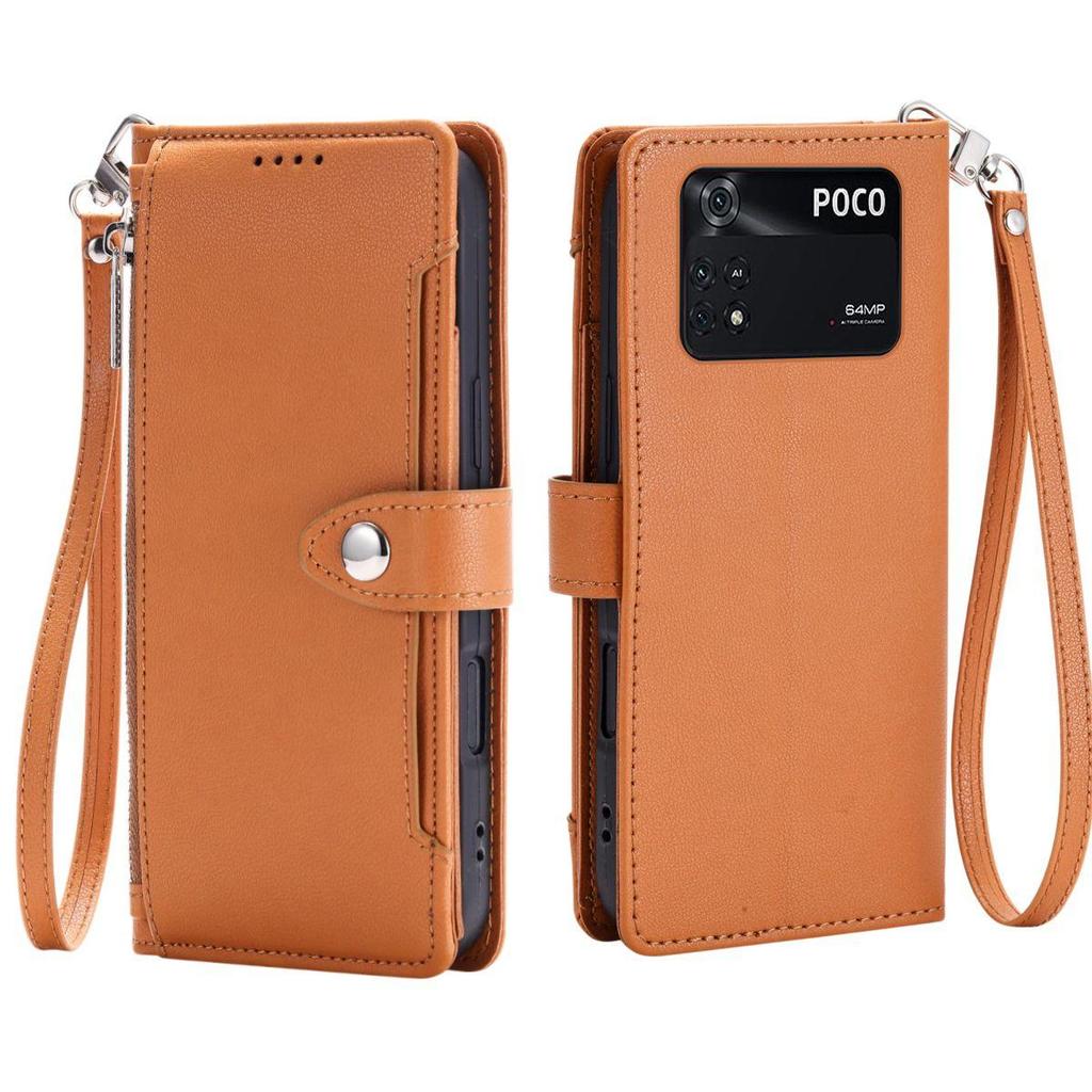 Zipper Pocket Wallet Flip Leather Phone Case for Xiaomi POCO M4 Pro 4G Multi Card Slots Kickstand Cover Wrist Strap