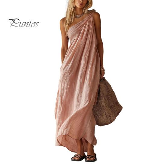 Women Casual Dress Women's Summer One Shoulder Beach Sundress, Pleated A-line Polyester Flowy Long Dress, Loose Travel Vacation Versatile