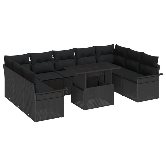 Ensemble de canapé de jardin 10 pièces avec coussins Noir Poly Rattan, Canapé de jardin 2 places avec rangement et coussins 3357086