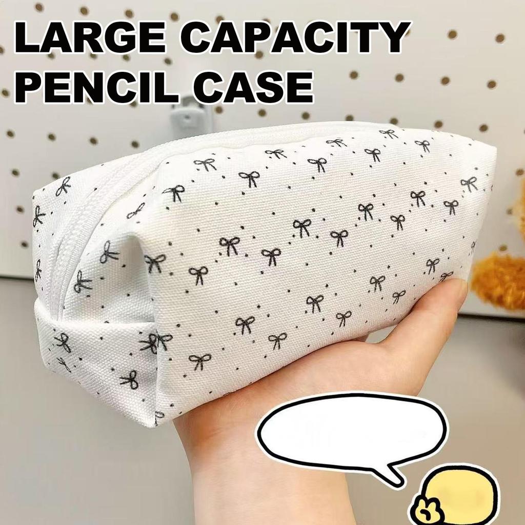 Portable Black White Bow Pencil Case Simple Girl Student Makeup Bag Large Capacity Stationery Storage Bag Student Stationery
