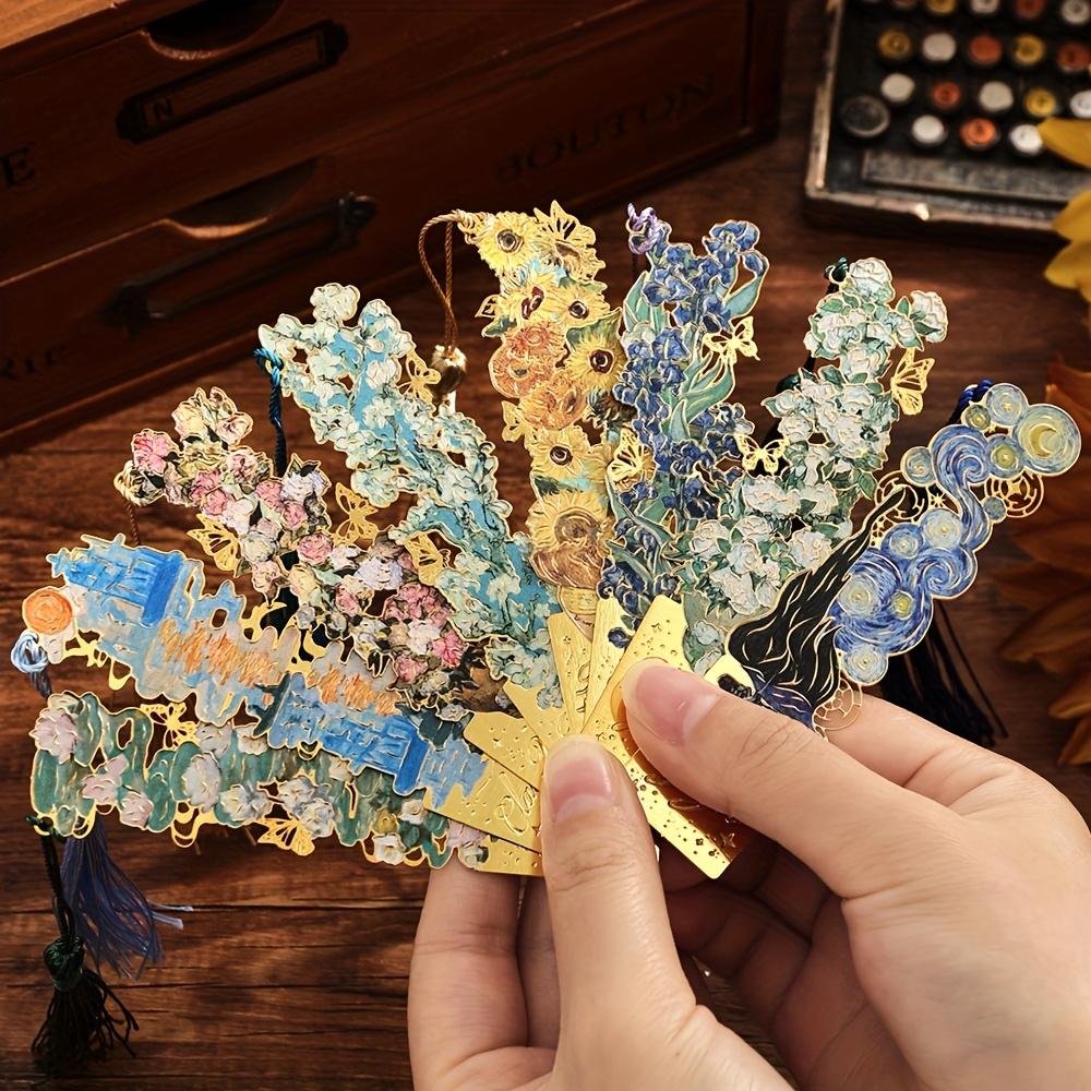 1pc Van Gogh Inspired Golden Hollow Metal Bookmark Artistic Oil Painting Design with Tassel, 8 Unique Window Shapes for Book Lovers