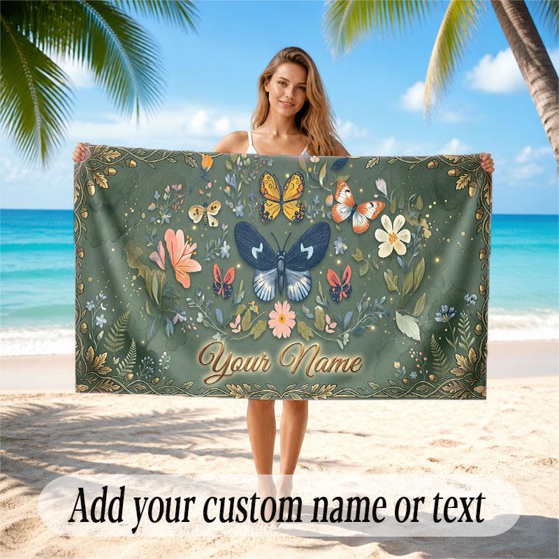 Butterfly Theme Soft Beach Towel Personalized Custom Name Text Towel Portable for Beach Pool Travel