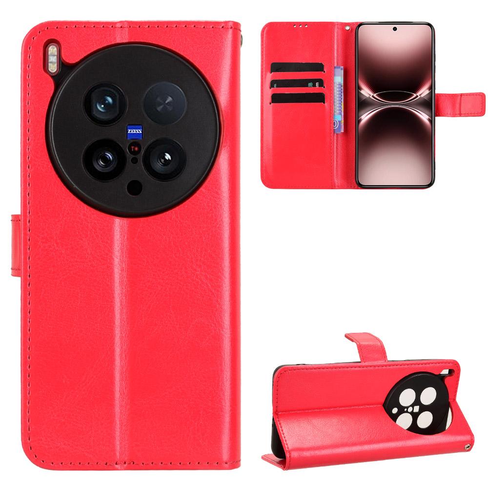 

For vivo X200 Ultra 5G PU Leather Case with Strap Crazy Horse Texture Phone Wallet Cover Red