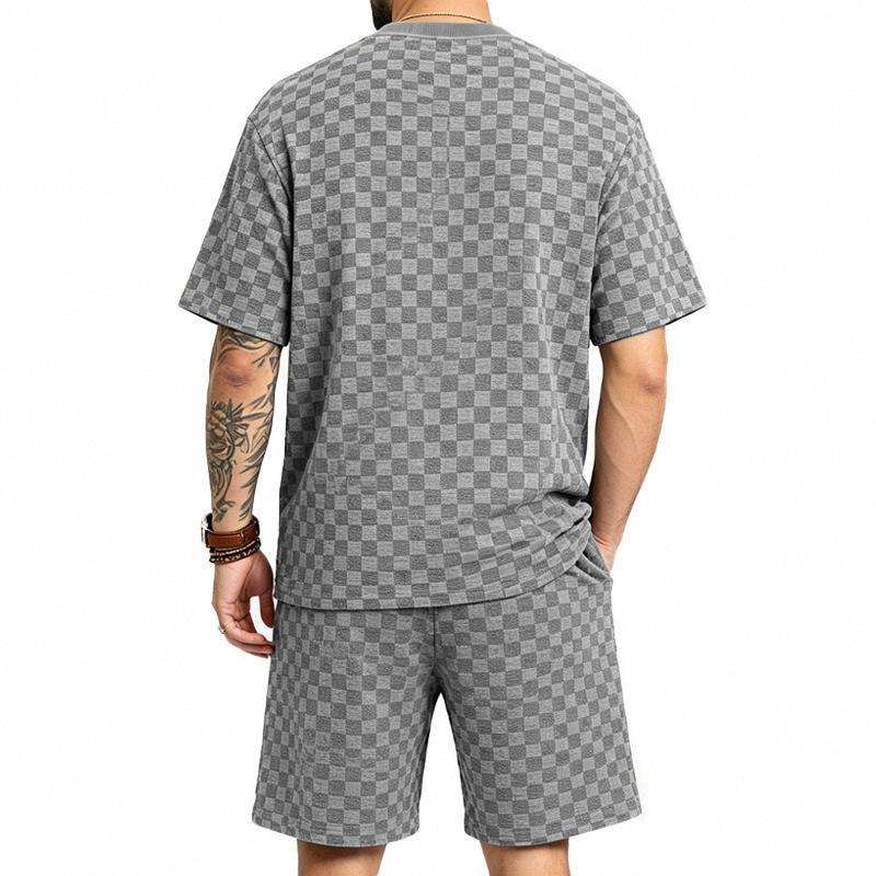 Men S Casual Short Sleeve Round Neck Jacquard Towel Texture Set