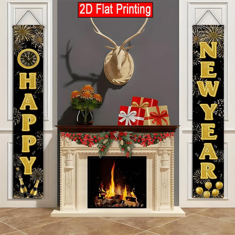 2pcs Christmas & New Year Firework Door Couplet Black Golden 12x70.8in