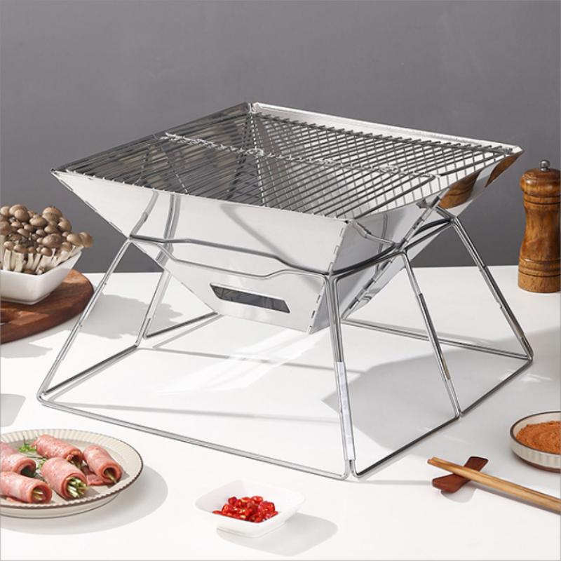 Tragbarer, faltbarer Grill, Heizöfen, Multifunktions-Camping-BBQ-Grillrost, Netz, Brennholzofen, Edelstahl-BBQ-Grill
