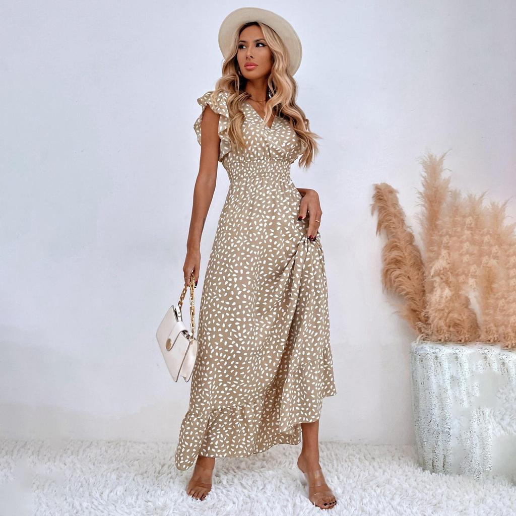 Women Summer Spring  Sleeveless Flower Print V-neck Casual A-Line Ankle-Length High Waist Dress